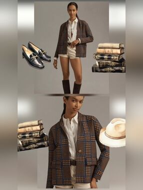 Anthropologie NVLT Womens Brown Blazer Knit Plaid Houndstooth Long Sleeve S